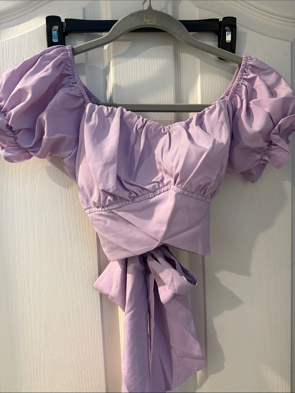 Puff-Sleeve Lilac Tie-Back Crop Top